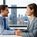 A professional female sales consultant with a warm, empathetic expression, sitting across from a male client. Both are fully clothed in modest business attire. The consultant is leaning slightly forward, actively listening, while the client is engaged in conversation. Natural pose, well-formed hands visible, correct proportions. In a bright, contemporary office consultation room with a large window overlooking a professional cityscape, subtly blurred in the background. Clean, modern desk between them. Professional photography, soft natural light, high detail, realistic, sharp focus, perfect anatomy, natural body proportions, proper finger count. safe for work, appropriate content, fully clothed, professional, modest clothing.