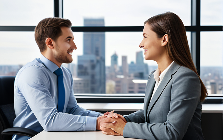 A professional female sales consultant with a warm, empathetic expression, sitting across from a male client. Both are fully clothed in modest business attire. The consultant is leaning slightly forward, actively listening, while the client is engaged in conversation. Natural pose, well-formed hands visible, correct proportions. In a bright, contemporary office consultation room with a large window overlooking a professional cityscape, subtly blurred in the background. Clean, modern desk between them. Professional photography, soft natural light, high detail, realistic, sharp focus, perfect anatomy, natural body proportions, proper finger count. safe for work, appropriate content, fully clothed, professional, modest clothing.